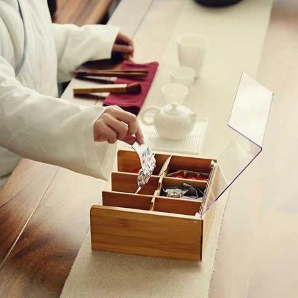 Akrilik Şeffaf Kapaklı Bambu 6 Bölmeli Çay Kutusu -%100 Orjinal Bambu Şeffaf Kapak (22cm*22cm*10cm)