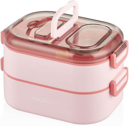 Bento 1000ml Lunchbox Çift Katlı 3 Bölmeli Çelik Sefer Tası Yemek Kutusu (Pembe)