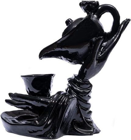 Akış Tütsülük Sarawasti Heykel – Seramik, Parlak Siyah | 2 Adet Lavanta Konik Tütsü Hediyeli, Yoga/Ofis/Ev Dekorasyon