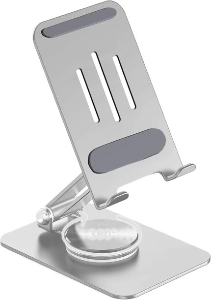 Çok Yönlü 360° Dönebilen Metal Gövdeli Telefon Standı Ayarlanabilir ve Katlanabilir Masa Üstü Ev ve Ofis Kullanımı için Tüm Telefonlarla Uyumlu Tutucu (Gümüş)