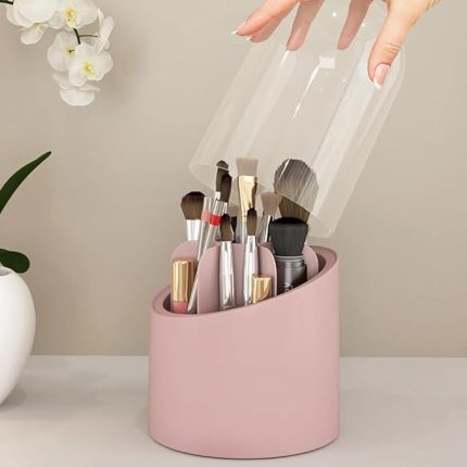 Şeffaf Kapaklı Makyaj Fırçası ve Kozmetik Düzenleyici 7 Bölmeli Makyaj Organizeri (Rose Gold)