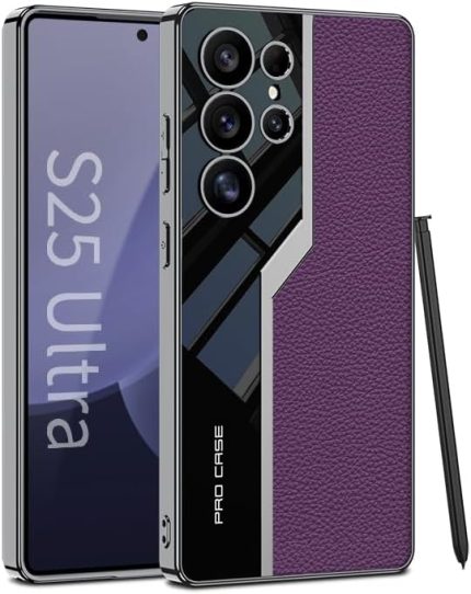 Samsung Galaxy S25 Ultra için Kılıf, Elektroliz S simgesi Samsung Galaxy S25 Ultra Mor için Deri Yumuşak Telefon Kılıfı