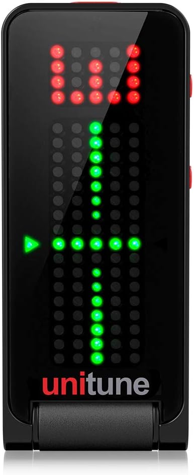 Electronic Unitune Clip Noir siyah klipsli akort cihazı, stroboskop ve kromatik modlar ve 108 LED matris göstergeli, taviz vermeyen ses kalitesi için