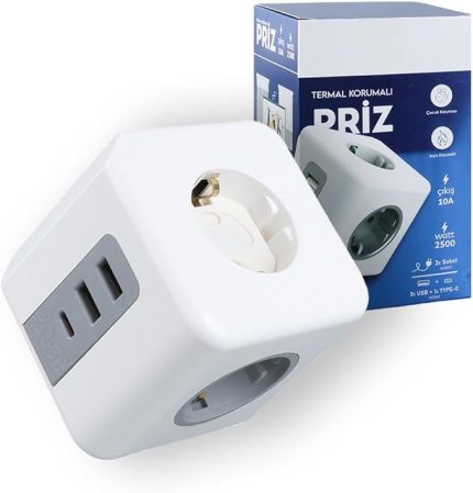 Termal Akım Korumalı 3'lü Duvar Küp Priz, 2xUSB - 1xTYPE-C (Tip C), Çocuk Korumalı, Isıya Dayanıklı Topraklı Üçlü Priz, 2500W 10A