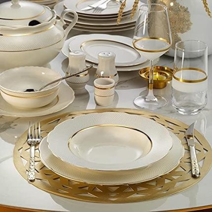 Porselen Bone Olympos 12 Kişilik 62 Parça Tek File Altın Yemek Takımı 1133921 BNOLY62YT1133921