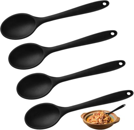 DEHCEN 4 adet silikon pişirme kaşığı, yapışmaz silikon kaşık, uzun saplı silikon kaşık, BPA içermeyen silikon yemek kaşığı, silikon, servis kaşığı, mutfak, pişirme, karıştırma için (27 x 5,7 cm/siyah)