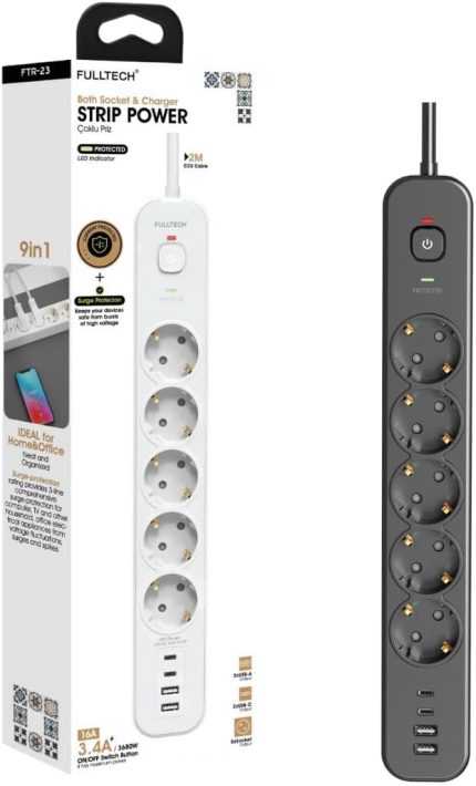 Korumalı Priz, 5'li Priz Soketi, 5x Fiş Soketi, 2x Usb Girişi, 2x Type-C Girişi, Isıya Dayanıklı Yapı, 2 Metre Kablo Uzunluğu, Aşırı Gerilim Koruyucu Çoğaltıcı (16A/3680W)
