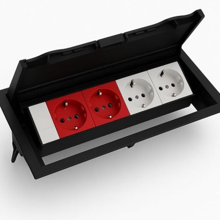 Üstü Kapaklı Priz Kutusu – 2 Şebeke, 2 UPS, 1 Data Prizi Dahil – ABS Kırılmaz Siyah Plastik – Gömme Tip – 12,5x25,2 cm Kesim – 14,2x27 cm Dış Çap NE-AD
