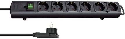 Comfort-Line Plus 6'lı çoklu priz (yassı fişli, şalterli, 2 m kablolu ve ekstra geniş priz mesafeleri) siyah