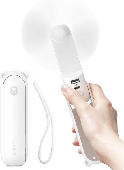 El vantilatörü, mini vantilatör, 3'ü 1 arada, 4500 mAh Powerbank USB pil, küçük vantilatör, pille çalışır, maks. 37 saat çalışma süresi, taşınabilir vantilatör, el feneri fonksiyonu, beyaz