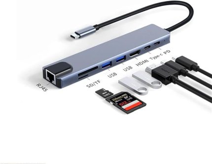 CF-04 Macbook Uyumlu Type-C™ To 4K HDMI Tv Projeksiyon UHd 1080P 2* Type-C 3* USB SD/TF RJ45 Ethernet Lan 8ın1 Çevirici Hub Adaptör
