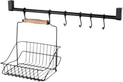 Retro Ferforje Askılı Siyah Ahşap Kulplu Düzenleyici Mutfak Banyo Sepeti