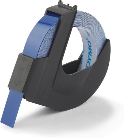 Yapışkanlı Plastik Kabartma Şerit, 9 mm x 3 mt Rulo, MAVİ Üzeri Beyaz Baskı