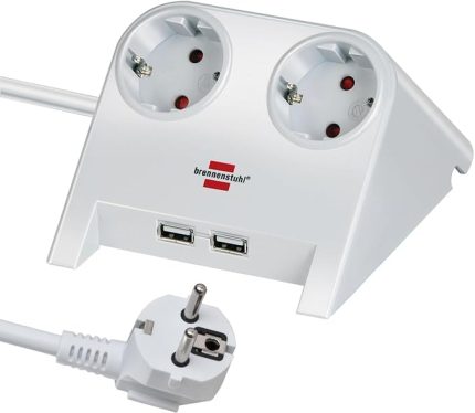 Masaüstü Power Priz 2'li Masa için (1,8 m kablolu masa prizi, kauçuk ayaklı çoklu priz ve 2 kat USB) beyaz cilalı