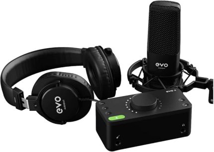 EVO Start Recording Bundle (EVO 4 ses kartı, SR1 geniş diyaframlı kondenser mikrofon, SR2000 kapalı stüdyo kulaklıkları, mikrofon shock mountu ve XLR bağlantı kablosu), Siyah