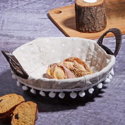 Wicker Serisi Bezli Yuvarlak Hasır Ekmek Sepeti