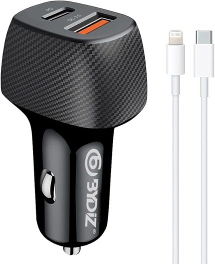 BY-38L Hızlı Araç Şarj Cihazı 38W Araba Çakmaklık Şarj Aleti + Lightning Kablo USB + PD Girişli iPhone 14/13/12/12 Pro Max/11/Xs Max/XR/X,AirPods Pro