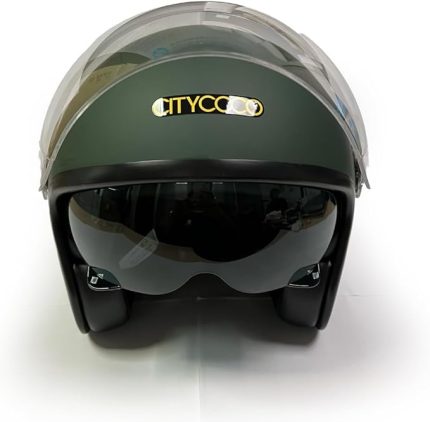 Motosiklet Yarım Kask , Mat Yeşil, Çift Vizörlü, Vintage Stil, Terletme Yapmaz Pedler