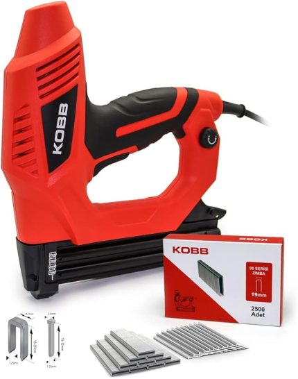 KBZ90 15-25mm Zımba ve 15-32mm Profesyonel Çivi Çakma Makinesi + 3000 adet Yedek Zımba ve Çivi, Kırmızı/Siyah