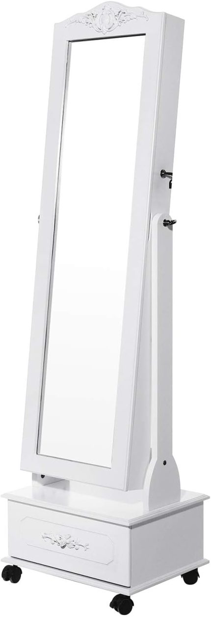 Tekerlekli ve Led Aydınlatmalı Kilitlenebilir Mücevher Dolabı, Beyaz, Jbc61W