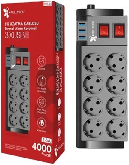 Termal Akım Korumalı Priz, Isıya Dayanıklı, Çocuk Koruması, 8'li Priz, Sekizli, 3 Usb'li, 2 mt Yüksek Akım Dirençli Kablo, Grup Priz Fulltech Ftr-08