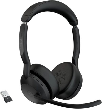 Evolve2 55 Stereo Kablosuz Kulaklık Jabra Air Comfort Teknolojisi, Gürültü Önleyici Mikrofonlar ve Aktif Gürültü Önleme - MS Teams Sertifikalı, Diğer Tüm Platformlarla Çalışır - Siyah