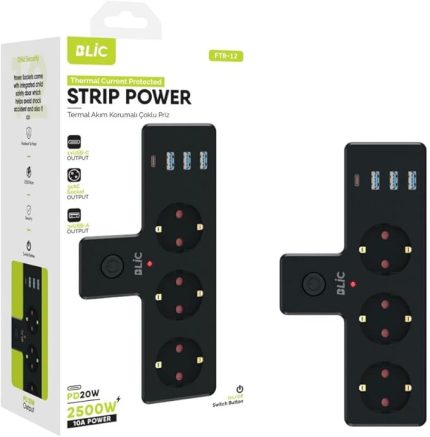 Hoala Termal Akım Korumalı 3'Lü Priz, 3x Usb,1x Type-C Giriş, Siyah Renk (Kablosuz)