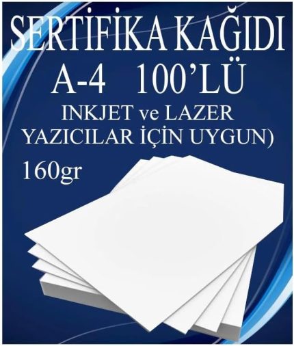 Sertifika Kağıdı Kalın 100 Adet Gramajlı Fotokopi Kağıdı 160 gr Tüm Yazıcılara Uyumlu 21x29.7 cm Kalın Baskı Kağıdı