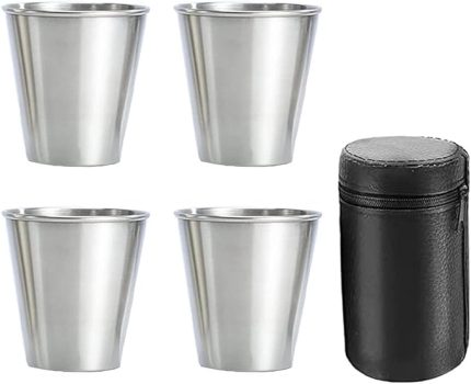 Paslanmaz Çelik Shot Bardakları, 4'lü Paket, Metal Shot Bardakları, İstiflenebilir, Dış Mekan Deri Çantalı Kalça Şişesi