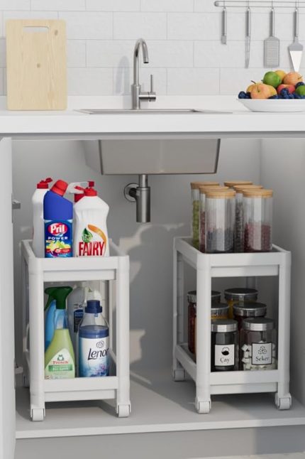 Life 2 Adet 2 Katlı Tekerlekli Tezgah Altı Beyaz Banyo Mutfak Rafı MIT1120