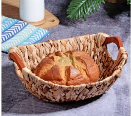 Wicker Serisi Bezli Oval Ahşap Kulplu Hasır Ekmek Sepeti