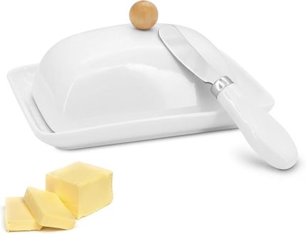 Kapaklı ve bıçaklı tereyağı kabı, kulplu seramik tereyağı kabı, porselen tereyağı kutusu, tereyağı kasesi, 250 g tereyağı için