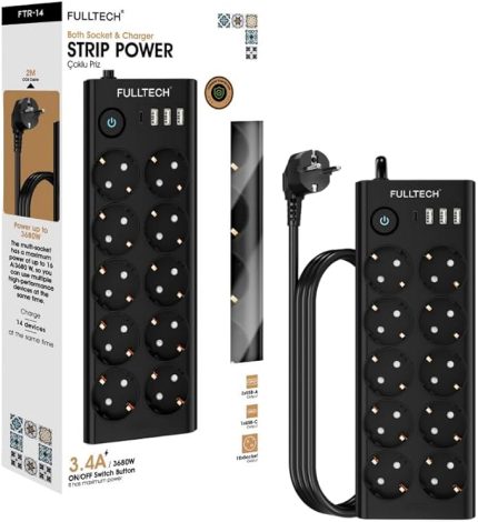 Akım Korumalı, 10'lu Priz Soketi, Isıya Dayanıklı Yapı, 10x Priz, 3x Usb, 1x Type-C Girişi, Çocuk Korumalı Çoğaltıcı, 2 Metre Uzatma Kablosu (16A/3680W)