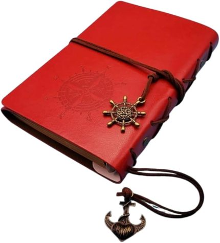 Retro Vintage Pusula Baskılı Çapa Ve Dümen Kolye Uçlu Deri Kapaklı Günlük Not Defteri Denizci Defter Özel Tasarım Hediyelik Kırmızı