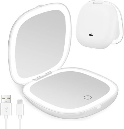 LED seyahat makyaj aynası, 1x/10x 56 LED ışıklı büyüteçli cep aynası, USB şarj katlanır ayna, dokunmatik sensörlü 3 renk parlaklık ayarlanabilir, el çantası için ideal, kız çocuk hediyesi