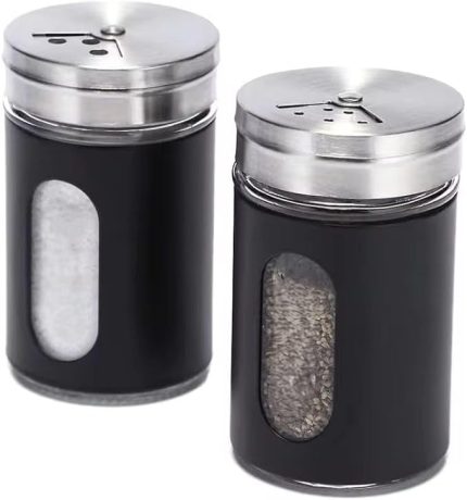 Home 2'li Ayarlanabilir Metal Gövdeli Cam Tuzluk ve Baharatlık Seti - Şık ve Dayanıklı Tasarım, Mutfakta Pratik Kullanım (Siyah, 8 Cm)