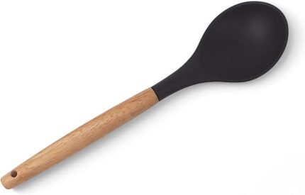 Bambu Saplı Silikon Servis Kaşığı, Bambu Uzun Silikon Servi Kaşığı 28cm 3 Renk Seçenekli, Yemeklerinizi Servis Etmek İçin Silikon Servis Kaşığı (SİYAH)