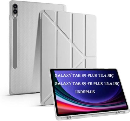 Samsung Galaxy Tab S9 FE Plus/S10 Plus ile uyumlu Kılıf Kalem Bölmeli Trifolding Case X610 X616 X820 X826 X828 Gri