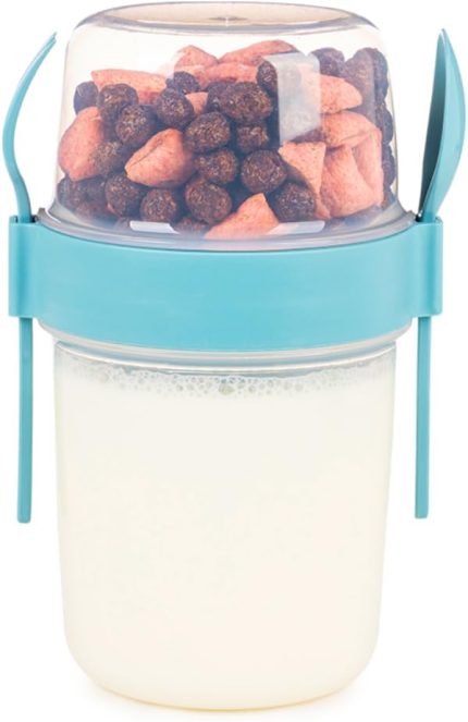 ml Take-go Kaşıklı Hazneli Meyveli Müsli Kabı Piknik Iş Yoğurt Süt Bardağı Kapaklı ve Kaşıklı Kahvaltı Bardakları, Tahıl Tepesi Yulaf Ezmesi Granola (Turkuaz)