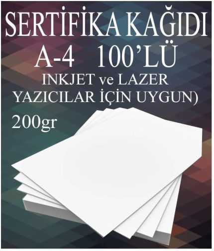 Sertifika Kağıdı Kalın 100 Adet Gramajlı Fotokopi Kağıdı 200 gr Tüm Yazıcılara Uyumlu 21x29.7 cm Kalın Baskı Kağıdı