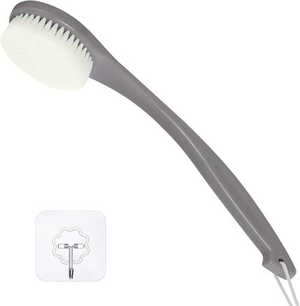 Banyo Fırçası Duş için Uzun Saplı, Duş için Yumuşak Kıl Sırt Yıkayıcı, Ergonomi Kavisli Uzun Saplı Arka Fırça Peeling Vücut Temizleyici, Kanca ve Kordonlu - Gri