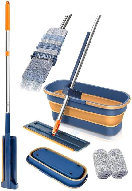 Sıkmalı Mop ve Tekerlekli Katlanabilir Kova Seti 1 Adet Yedek Mop Hediyeli Lüks Mop Seti Silikon Kova Temizlik Seti Büro Ofis Ev