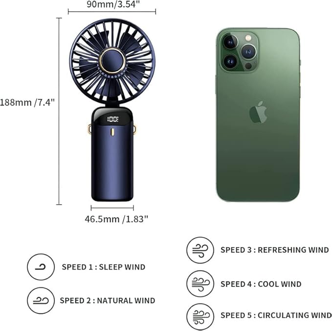 USB Vantilatör, 4200mAh Şarjlı El Tipi Fan, LED Ekranlı, 3'ü 1 Arada El/Boyun/Masa Fanı, Yaz, Ofis, Seyahat için, Kadınlar, Kızlar ve Çocuklara Hediye (Lacivert) - Görsel 3