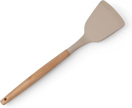 Bambu Saplı Silikon Geniş Spatula, Bambu Uzun Silikon Geniş Spatula 27cm 3 Renk Seçenekli (KREM)