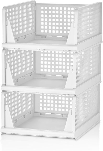 3 Adet Kayar Raf Elbise Dolap İçi Organizeri, Mutfak, Banyo, Çocuk Odası, Garaj ve Ardiye için Üst Üste Dizilebilir Ünite, Kayar Raf Dolap içi Kıyafet, Ev Aksesuarı Düzenleyici (BEYAZ)