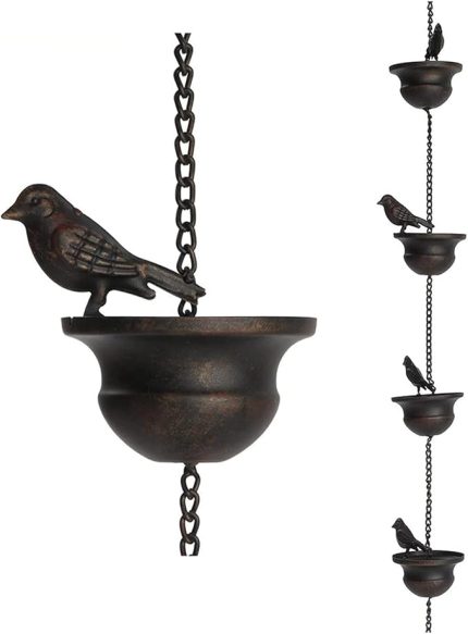 1 adet yağmur zinciri oluklar için hareketli kuşlar bardaklar üzerinde yağmur çanları ekli askı ve kuşlar ile
