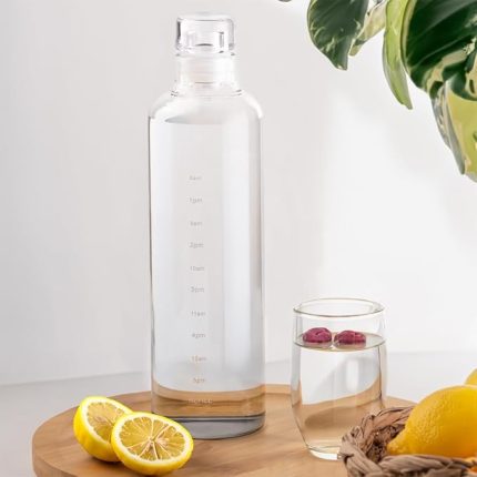 2406 Borosilikat Cam Su Şişesi - Su İçme Saatli Dereceli Matara Suluk - Şeffaf 500 mL