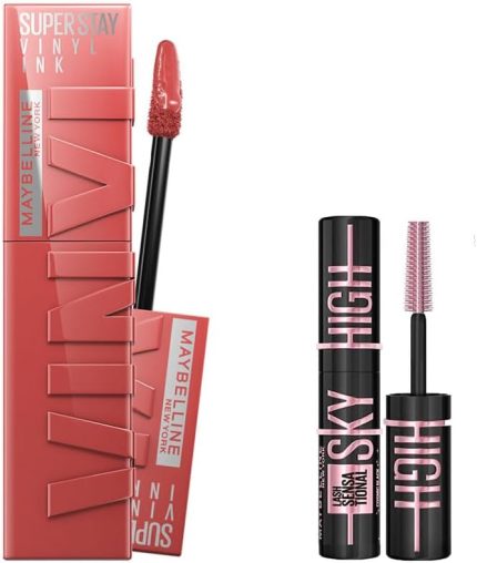 New York Super Stay Vinyl Ink Uzun Süre Kalıcı Likit Parlak Ruj 15 Peachy & Mini Lash Sensational Sky High Cosmic Black Maskara Makyaj Seti