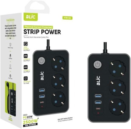 Korumalı Priz, 3x Priz Soketi, 2x Usb Girişi, 1x Type-C Girişi, Tasarruflu Uzatma Kablosu, Çocuk Korumalı Adaptör (2 Metre)