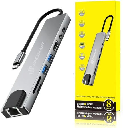 8 Portları 1 Arada USB C Hub Adaptörü, 4K HDMI, Şarj Cihazı, USB C Bağlantı Noktaları, SD/Micro SD Kart Okuyucular, Ethernet Bağlantı Noktası, M1 ve M2 Mac Bilgisayarlar için, Thunderbolt 3